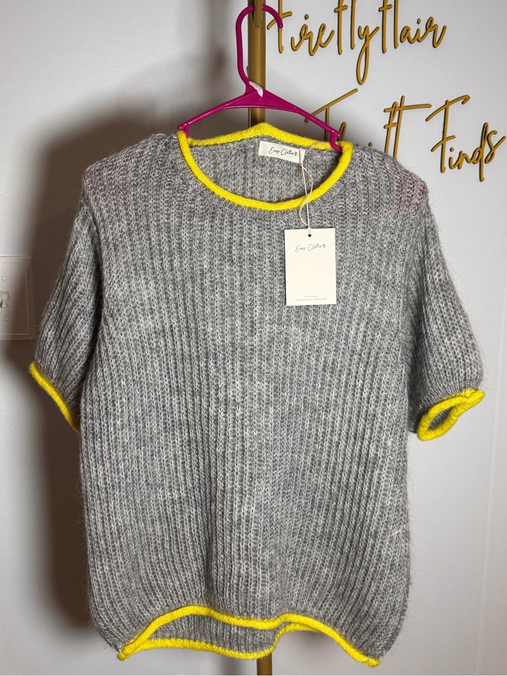 Easy Clothes Gray Knit sweater Yellow contrast trim short sleeves NWT